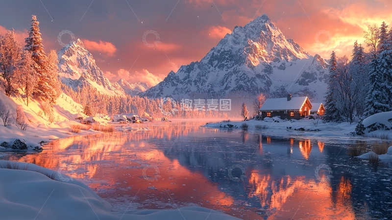 高清大图下载【趣麦麦图】雪山日出小屋倒影