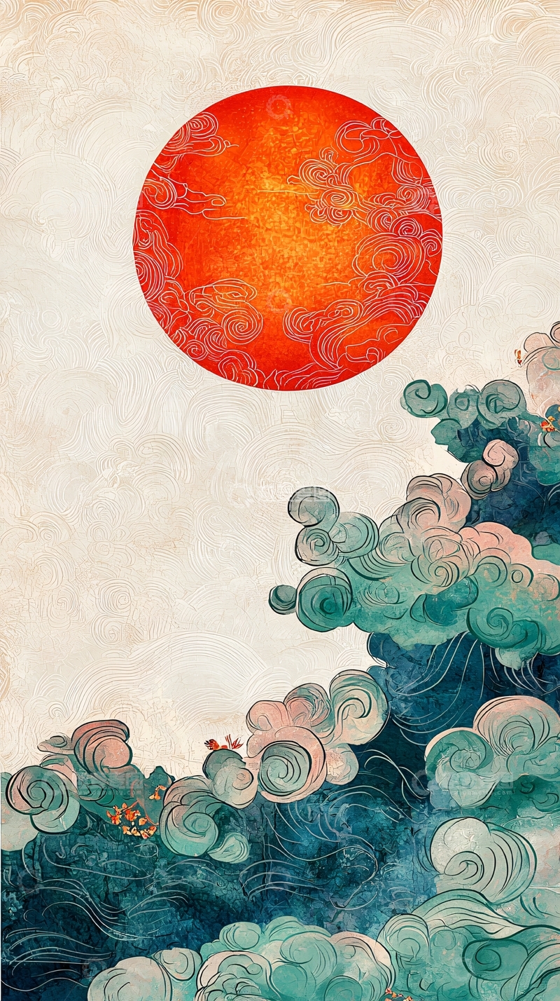 高清大图下载【趣麦麦图】日出东方海面水墨风