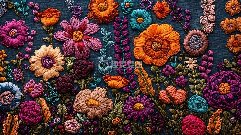 高清大图下载【趣麦麦图】暗蓝色背景上的彩色刺绣花朵