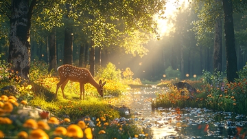 清晨森林小鹿溪流