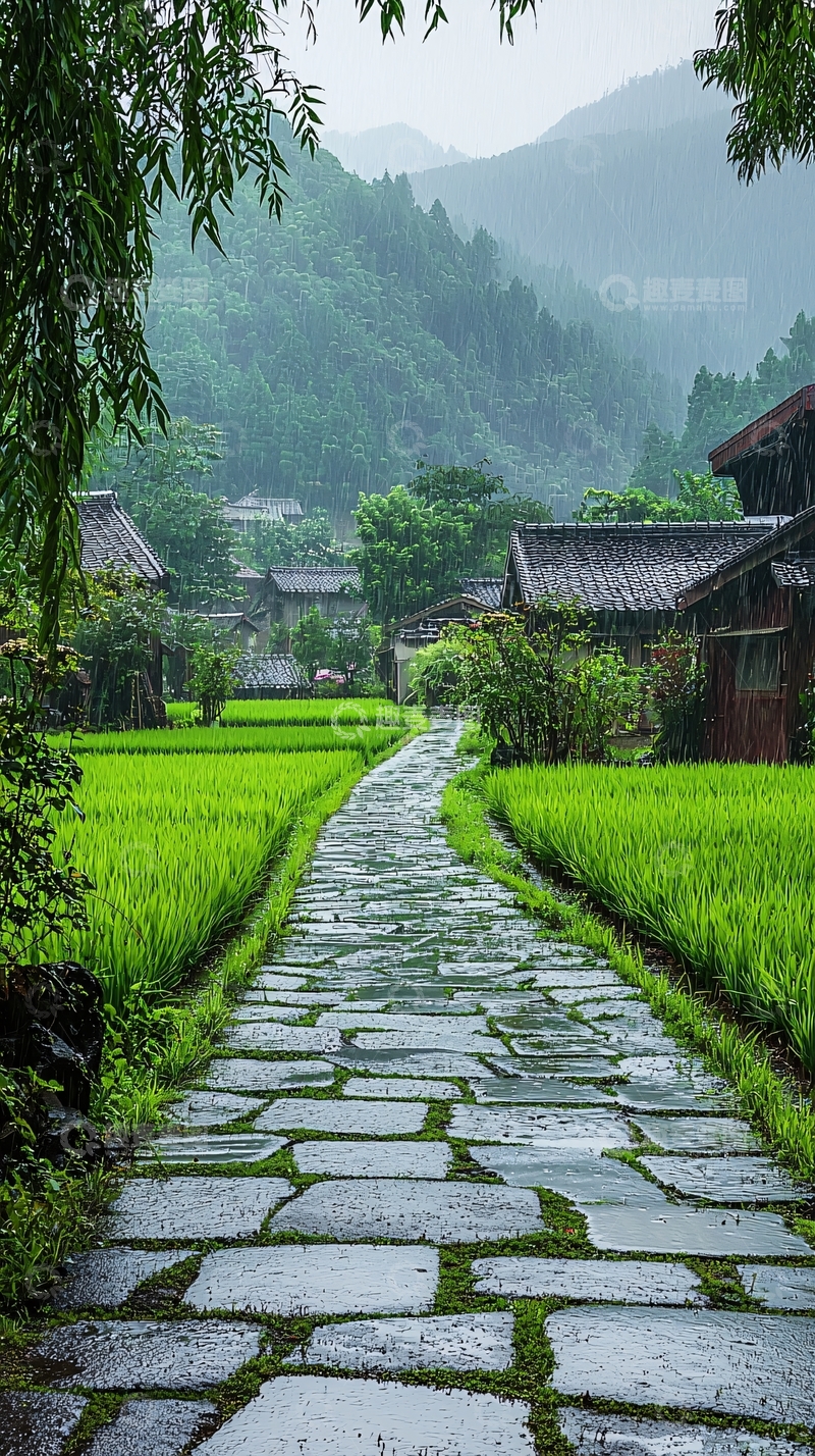 高清大图下载【趣麦麦图】雨中宁静的乡村石板路