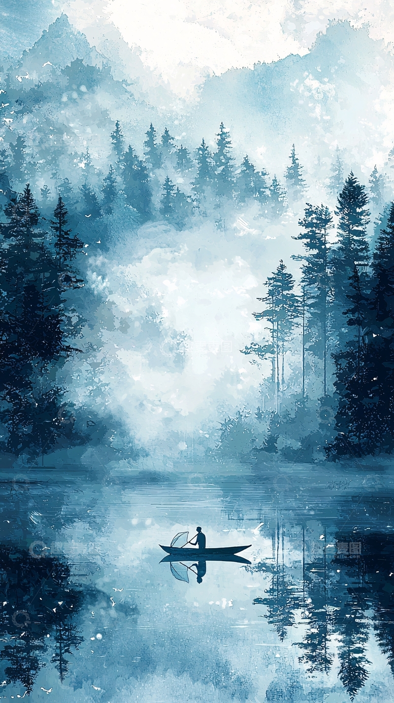 高清大图下载【趣麦麦图】静谧湖泊中泛舟的人