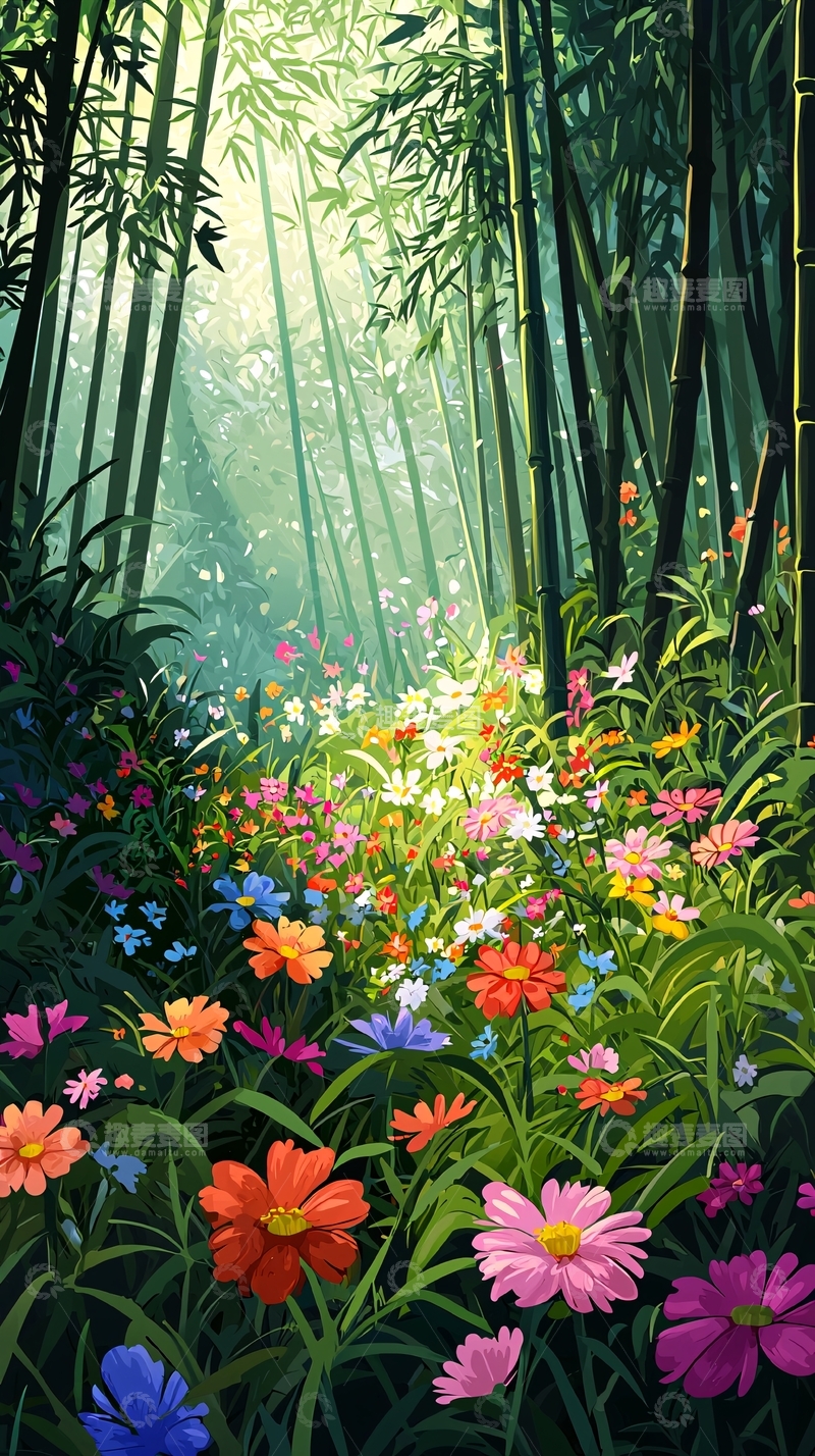 高清大图下载【趣麦麦图】竹林花丛阳光