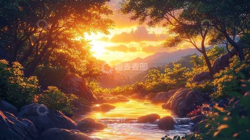 高清大图下载【趣麦麦图】金色阳光下的森林小溪