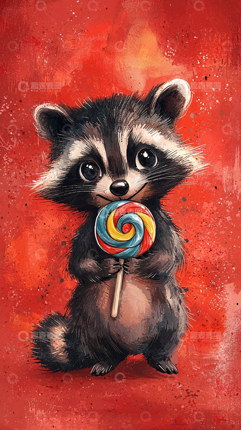 高清大图下载【趣麦麦图】可爱浣熊吃棒棒糖