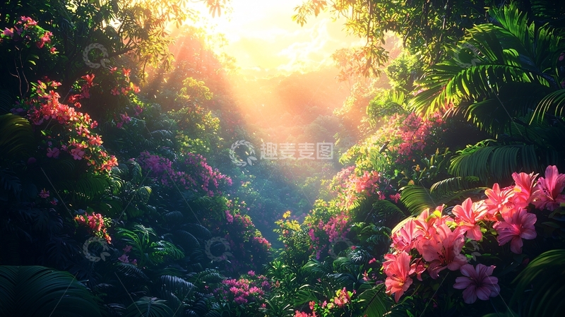 高清大图下载【趣麦麦图】阳光透过树林花海