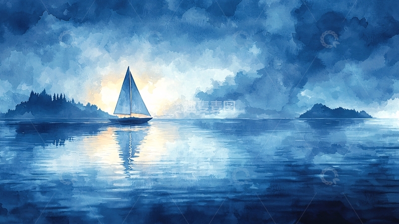 高清大图下载【趣麦麦图】蓝色大海帆船日落