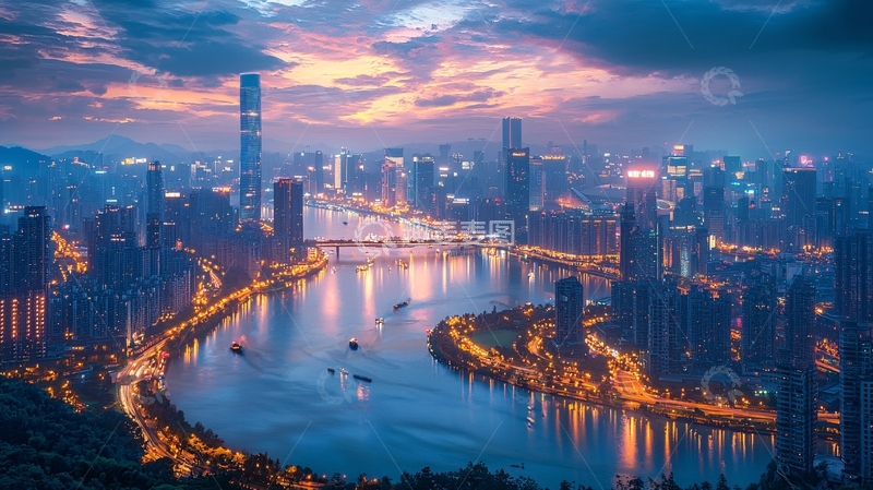高清大图下载【趣麦麦图】绚丽夜景下的城市天际线