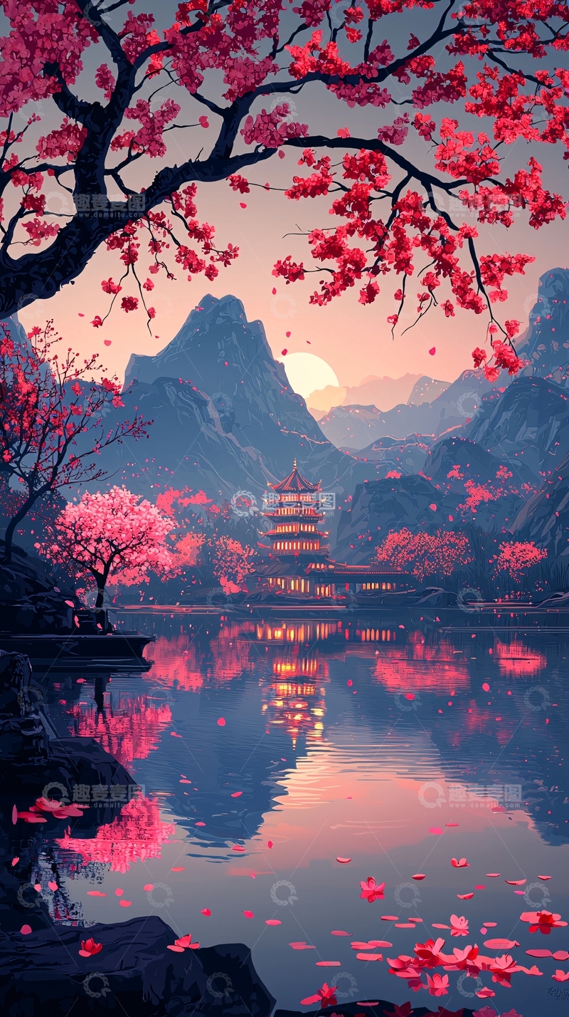 高清大图下载【趣麦麦图】粉色樱花树下的湖边塔楼