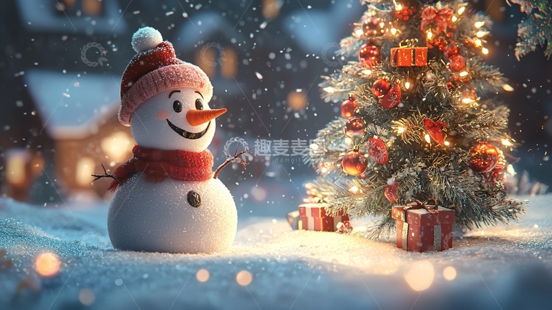 高清大图下载【趣麦麦图】圣诞节雪人与圣诞树