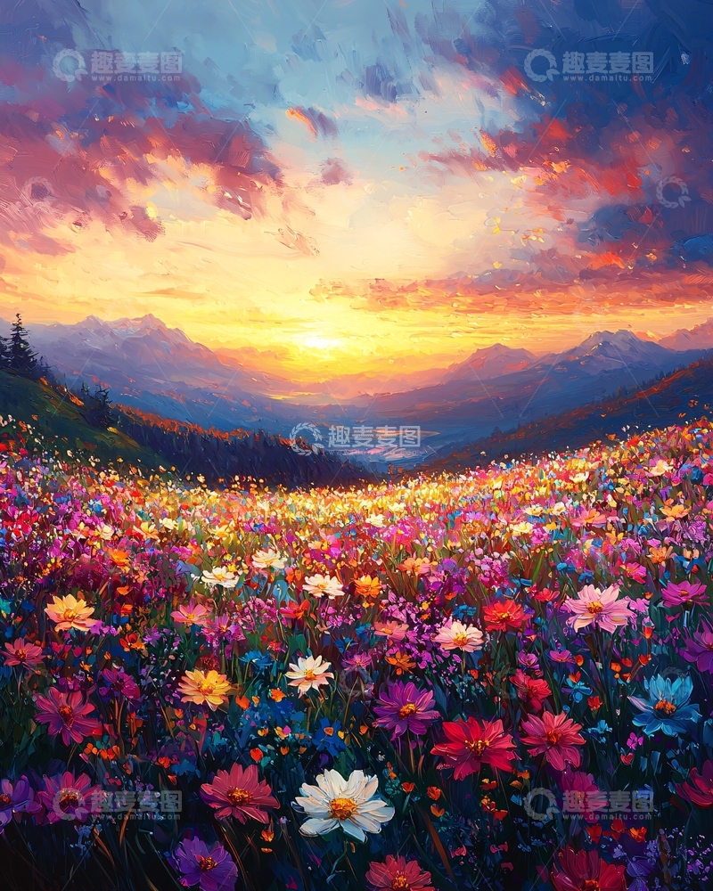 高清大图下载【趣麦麦图】绚丽多彩的鲜花山谷日落