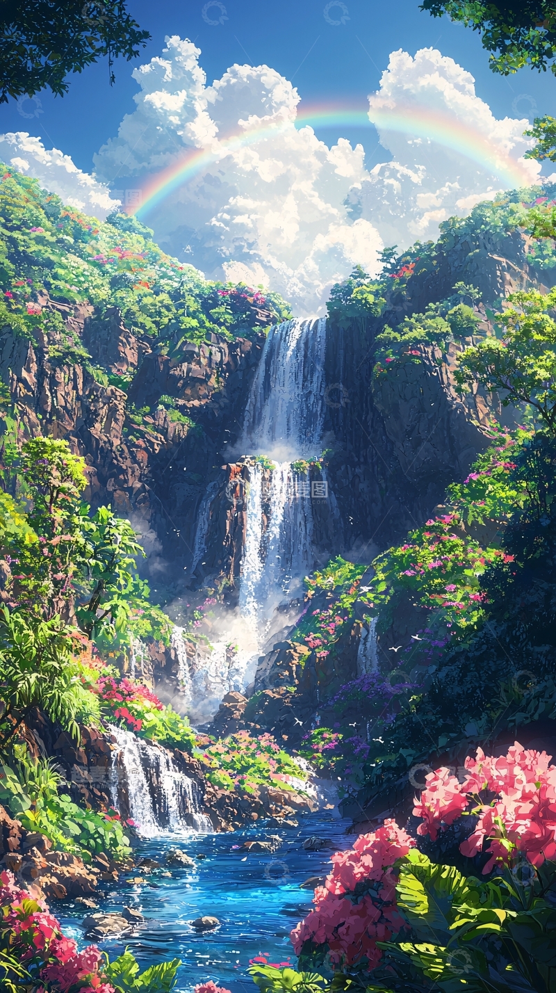 高清大图下载【趣麦麦图】彩虹瀑布梦幻仙境