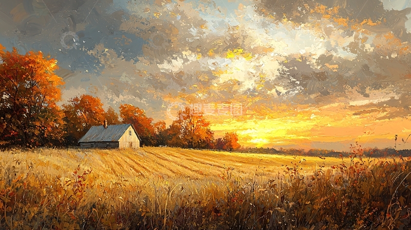 高清大图下载【趣麦麦图】秋日田野小屋夕阳景色