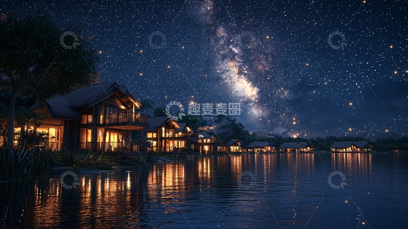 高清大图下载【趣麦麦图】星空下的水上木屋