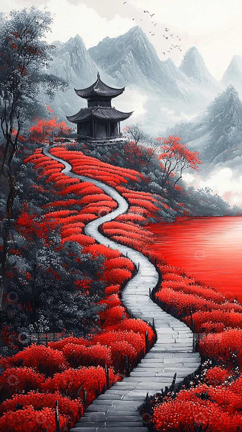 高清大图下载【趣麦麦图】红色小路通向山顶寺庙