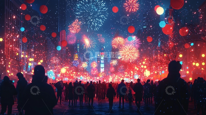 高清大图下载【趣麦麦图】绚丽烟火下的城市人群