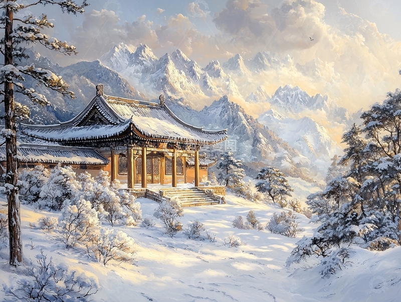 高清大图下载【趣麦麦图】雪山下的中式古典建筑