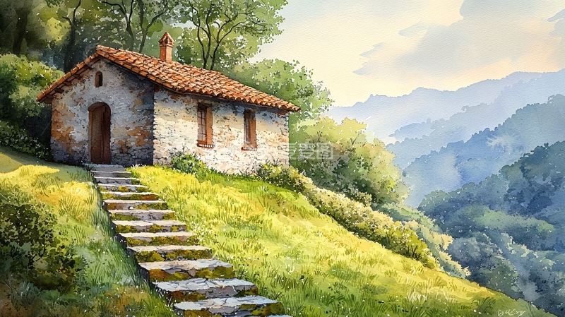 高清大图下载【趣麦麦图】山坡上的石头小屋