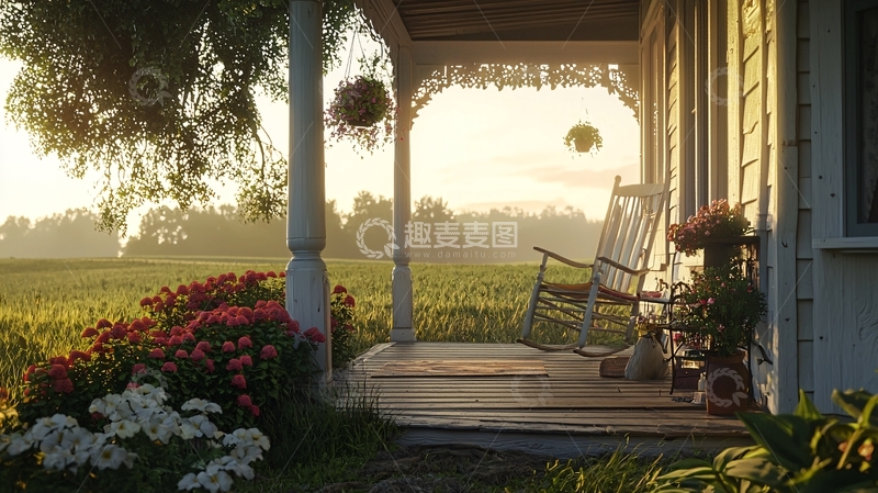 高清大图下载【趣麦麦图】清晨乡间小屋门廊