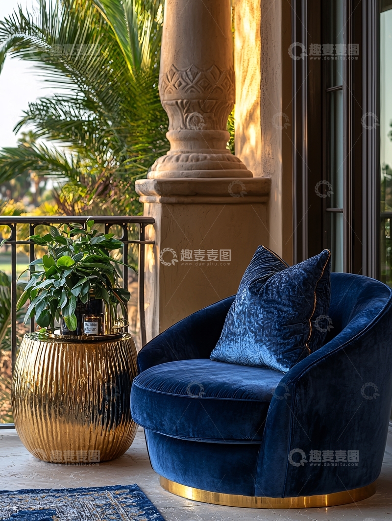 高清大图下载【趣麦麦图】蓝色丝绒扶手椅