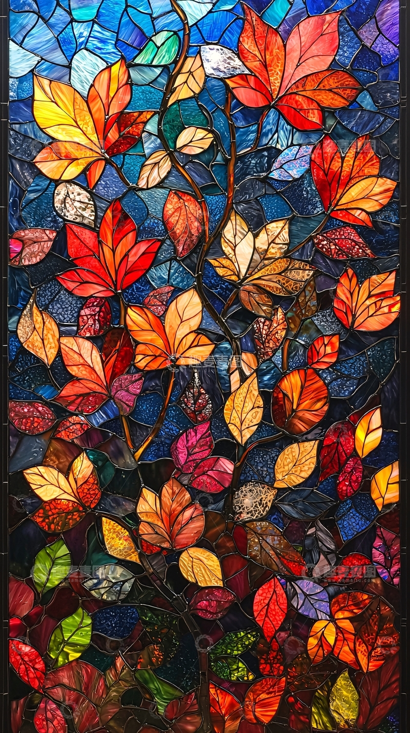 高清大图下载【趣麦麦图】秋叶玻璃窗画