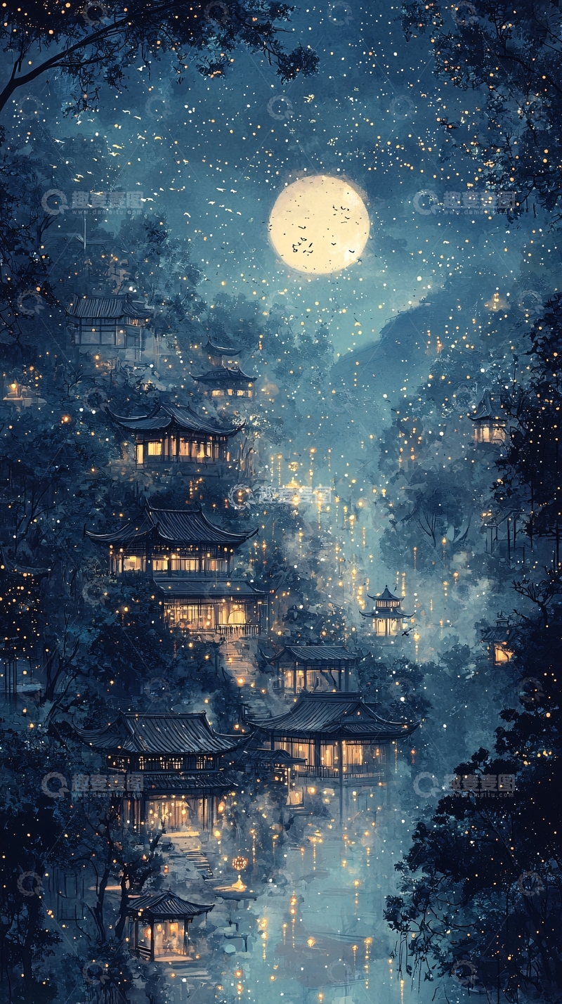 高清大图下载【趣麦麦图】雪夜古镇