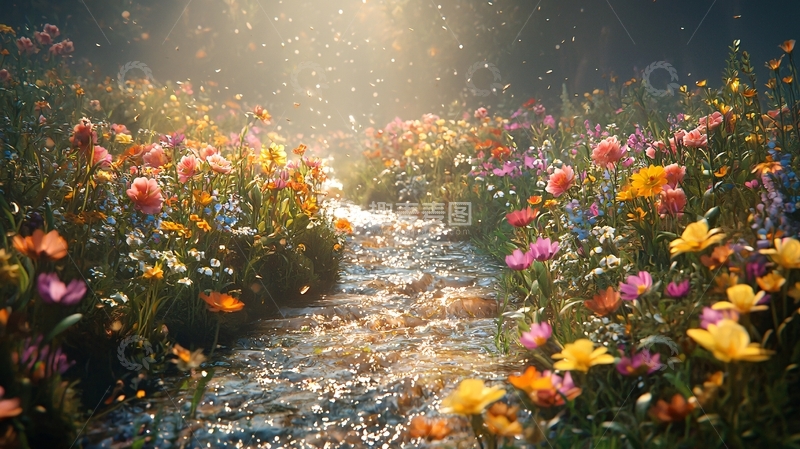 高清大图下载【趣麦麦图】梦幻花田溪流
