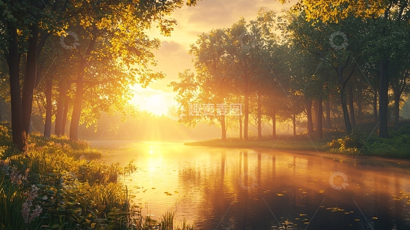 高清大图下载【趣麦麦图】清晨阳光洒在河边树林