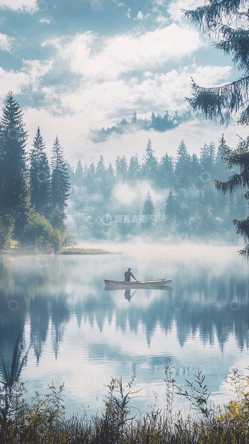 高清大图下载【趣麦麦图】清晨薄雾湖泊泛舟