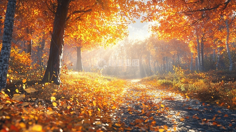 高清大图下载【趣麦麦图】秋日金色阳光下的树林