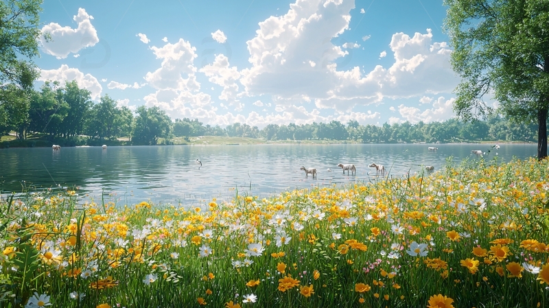 高清大图下载【趣麦麦图】阳光明媚的湖边野花