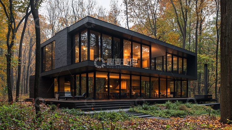 高清大图下载【趣麦麦图】森林中的黑色现代别墅