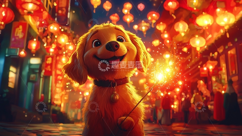 高清大图下载【趣麦麦图】小狗提灯笼过新年