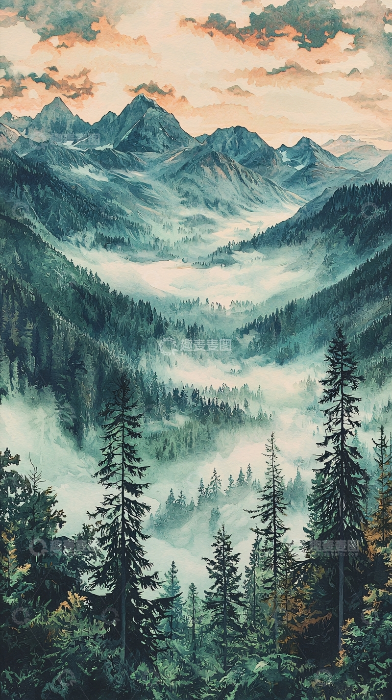 高清大图下载【趣麦麦图】雾气弥漫的山谷森林