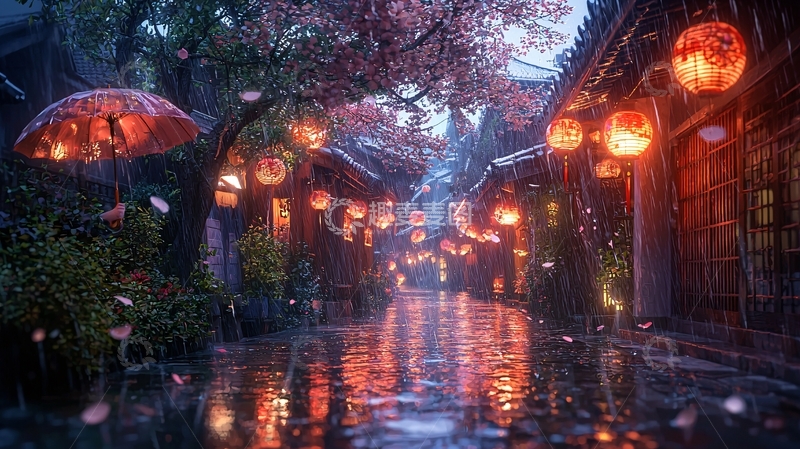 高清大图下载【趣麦麦图】雨夜古镇