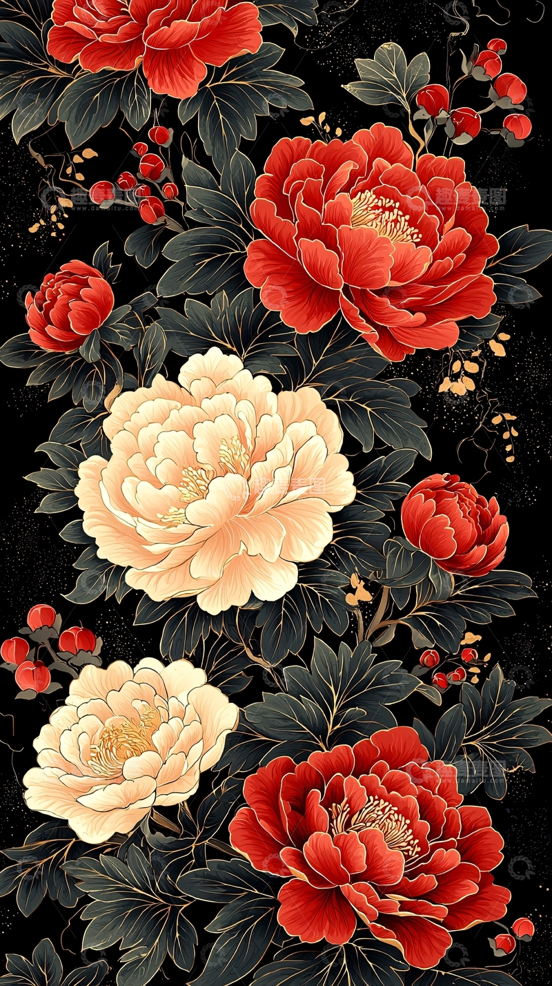 高清大图下载【趣麦麦图】黑底红白牡丹花卉图