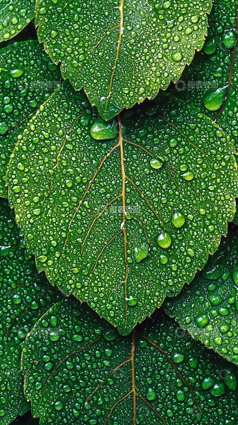 高清大图下载【趣麦麦图】水滴覆盖的绿叶特写