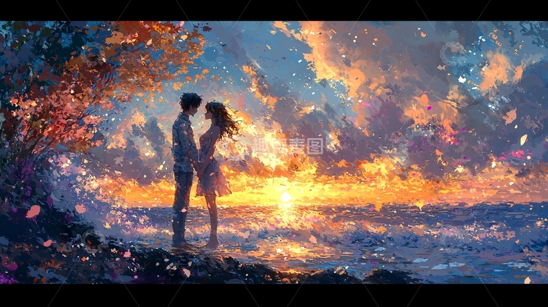 高清大图下载【趣麦麦图】日落海边情侣剪影