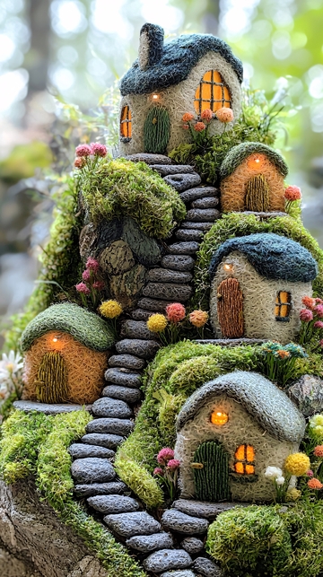 苔藓微型房屋山坡村庄