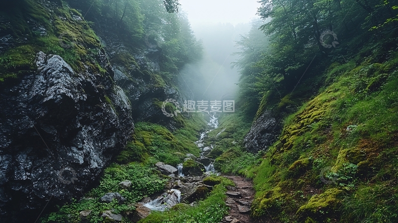 高清大图下载【趣麦麦图】雾气弥漫的山谷小溪