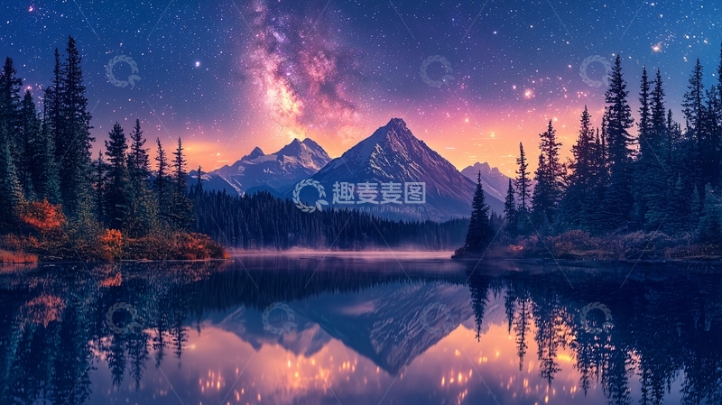 高清大图下载【趣麦麦图】星空下的山峰湖泊倒影