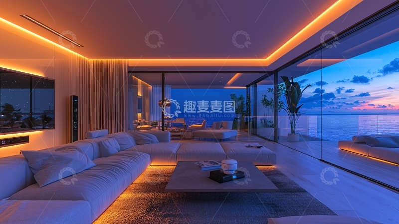 高清大图下载【趣麦麦图】现代海景别墅客厅夜景