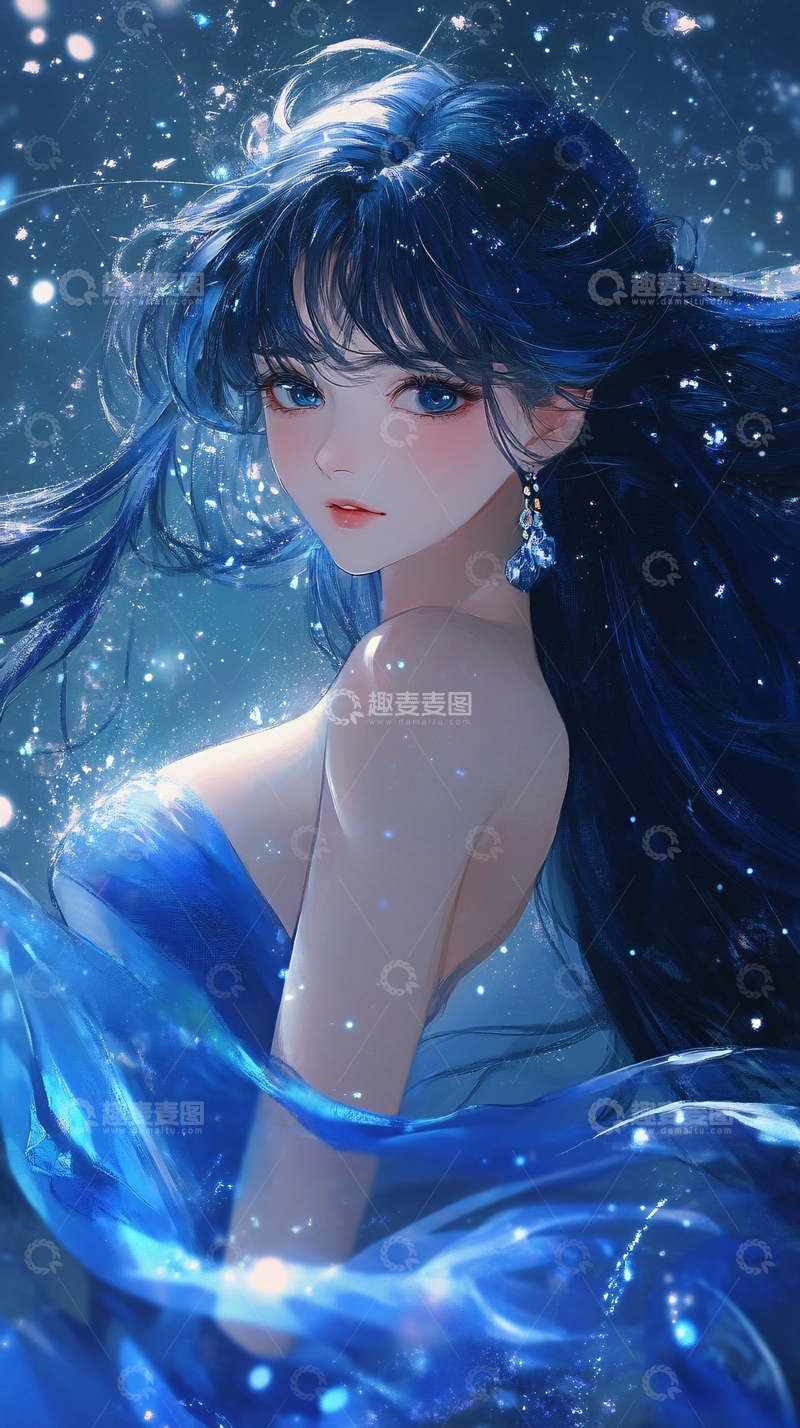 高清大图下载【趣麦麦图】蓝色长发少女