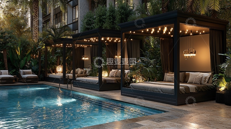 高清大图下载【趣麦麦图】泳池边的休闲凉亭