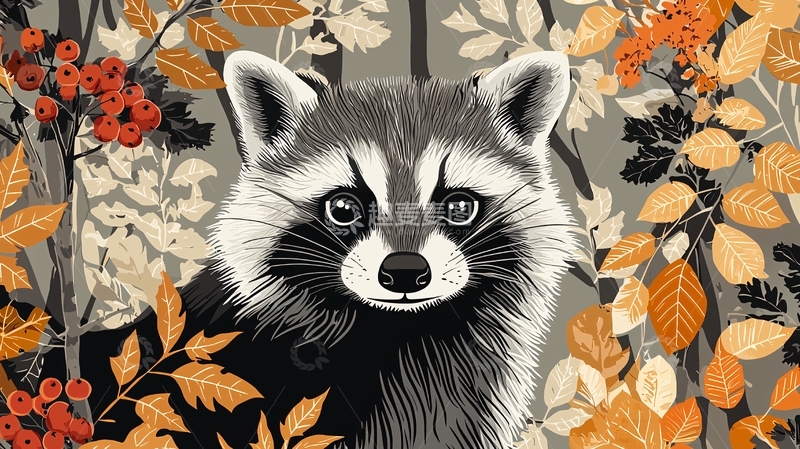 高清大图下载【趣麦麦图】秋日树丛中浣熊肖像
