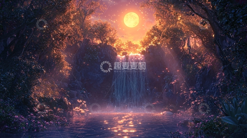 高清大图下载【趣麦麦图】梦幻森林瀑布月光夜景