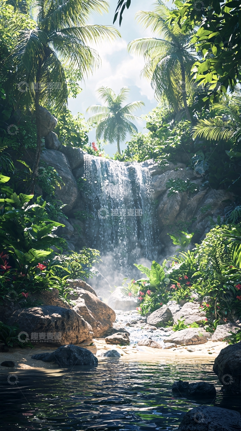 高清大图下载【趣麦麦图】热带雨林中的瀑布美景