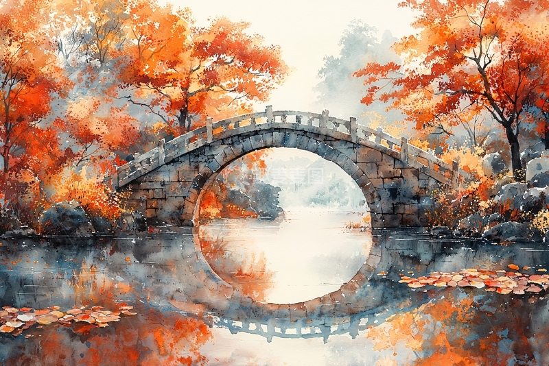 高清大图下载【趣麦麦图】秋色下的石桥倒影