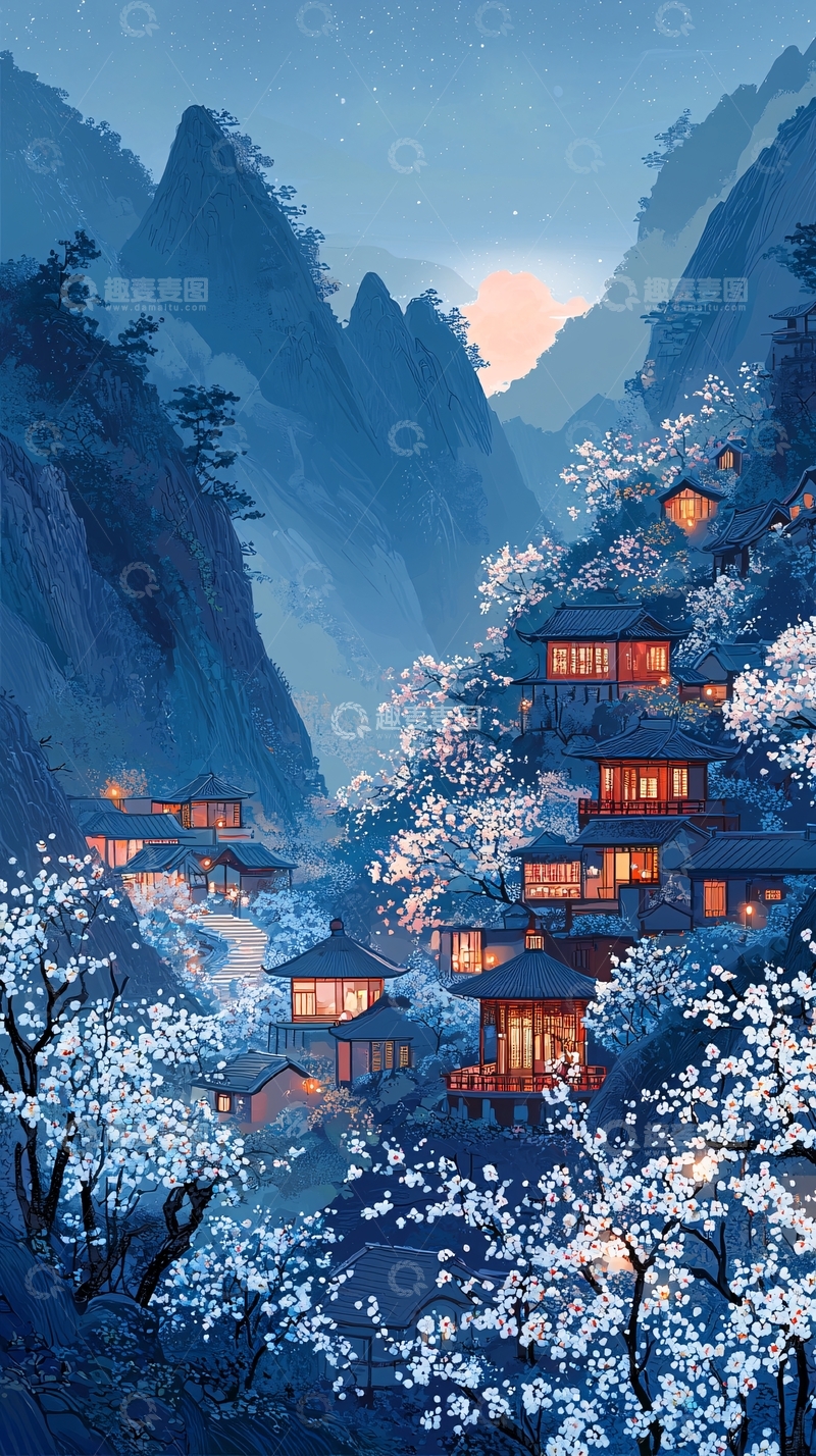 高清大图下载【趣麦麦图】蓝调山间樱花村落