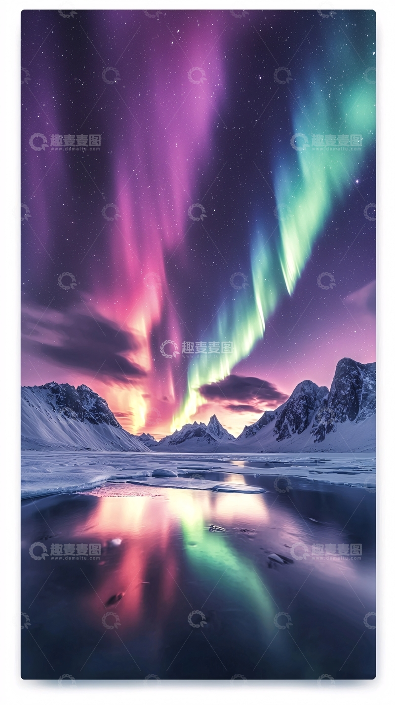 高清大图下载【趣麦麦图】极光在冰天雪地夜空